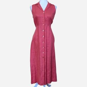 Vintage 90s Coral Linen Midi Dress Button Front Minimal Collared Dress S